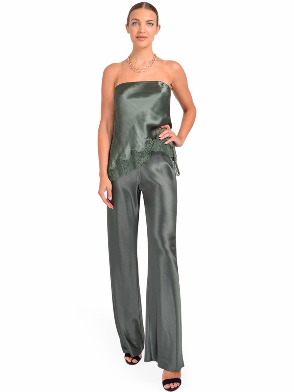 Cami NYC Olive Green Strapless Satin Wide-Leg Jumpsuit with Lace Trim